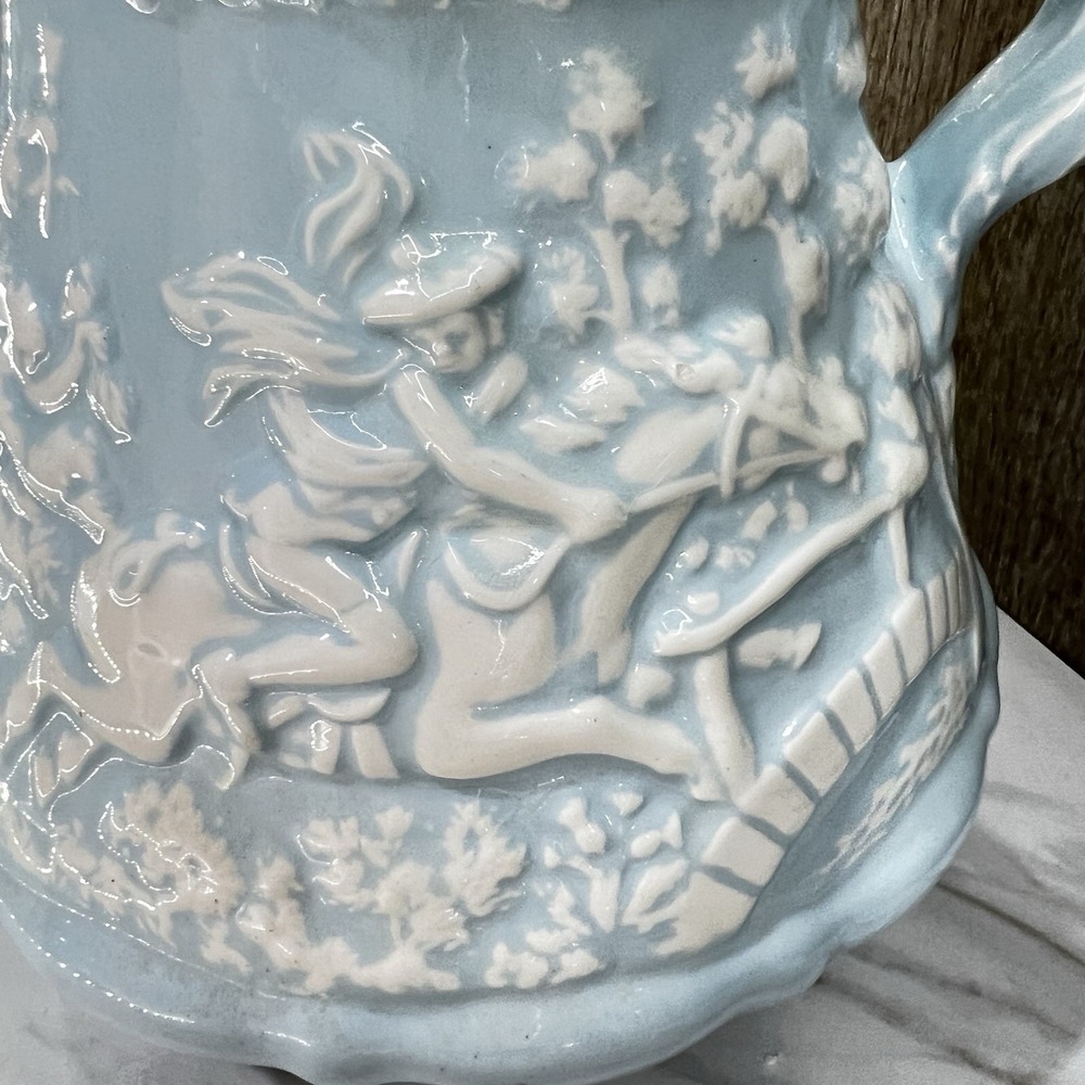 Antique Ridgway Staffordshire Tam O Shanter Lg Pitcher Jug Relief Light Blue 10" - Picture 10 of 12